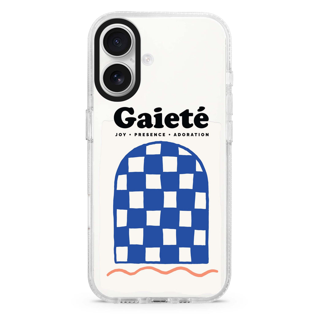 Gaieté iPhone 16 and 16 Plus ultra clear case, transparent graphic artwork, front product view