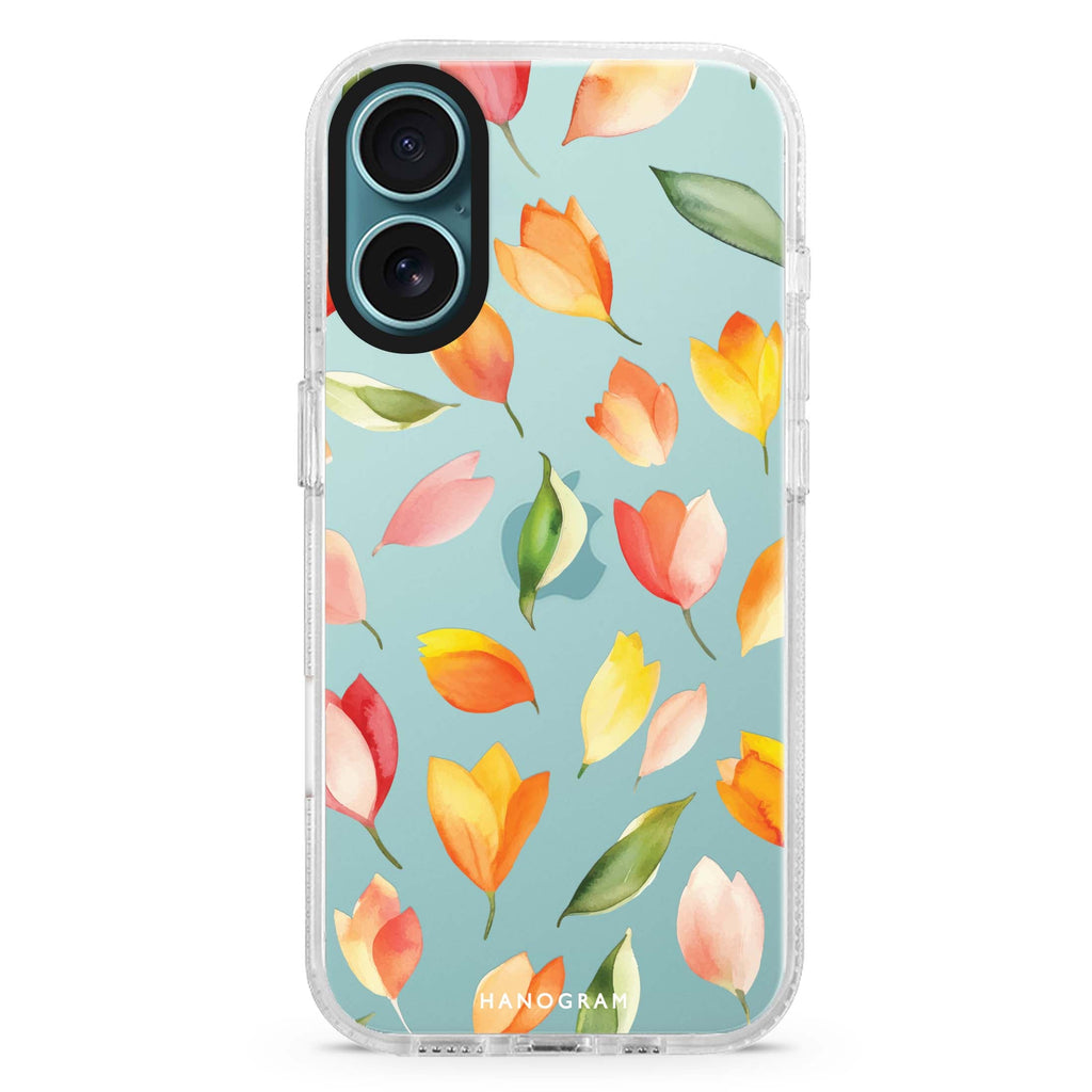 Tulip Rain iPhone 16 and 16 Plus ultra clear case, transparent floral artwork, front product view