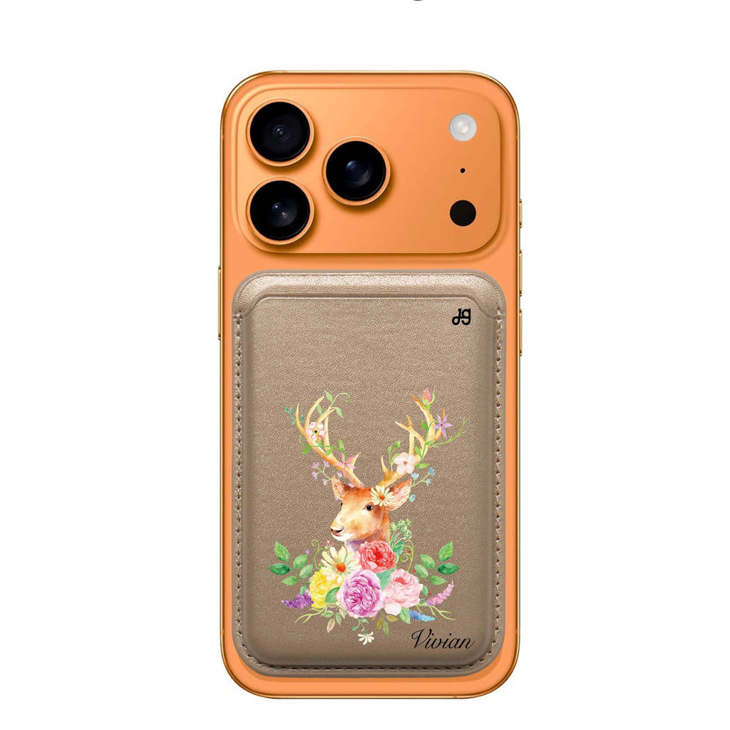 Floral & Deer custom name MagSafe wallet for iPhone, personalized magnetic card holder, main view