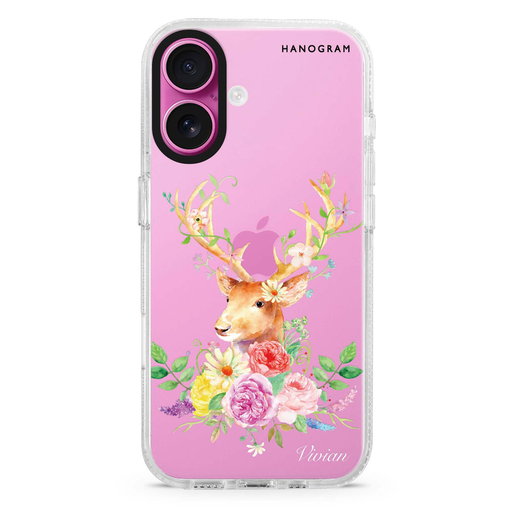 Floral & Deer custom name iPhone 16 and 16 Plus ultra clear case, transparent floral artwork, front product view