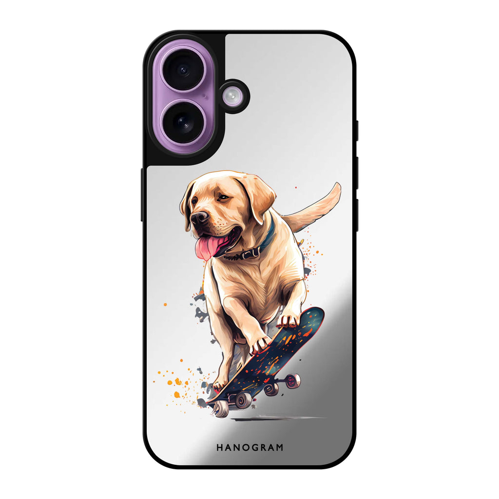 Reflective iPhone 16 Mirror Case –Dog on skateboard Design