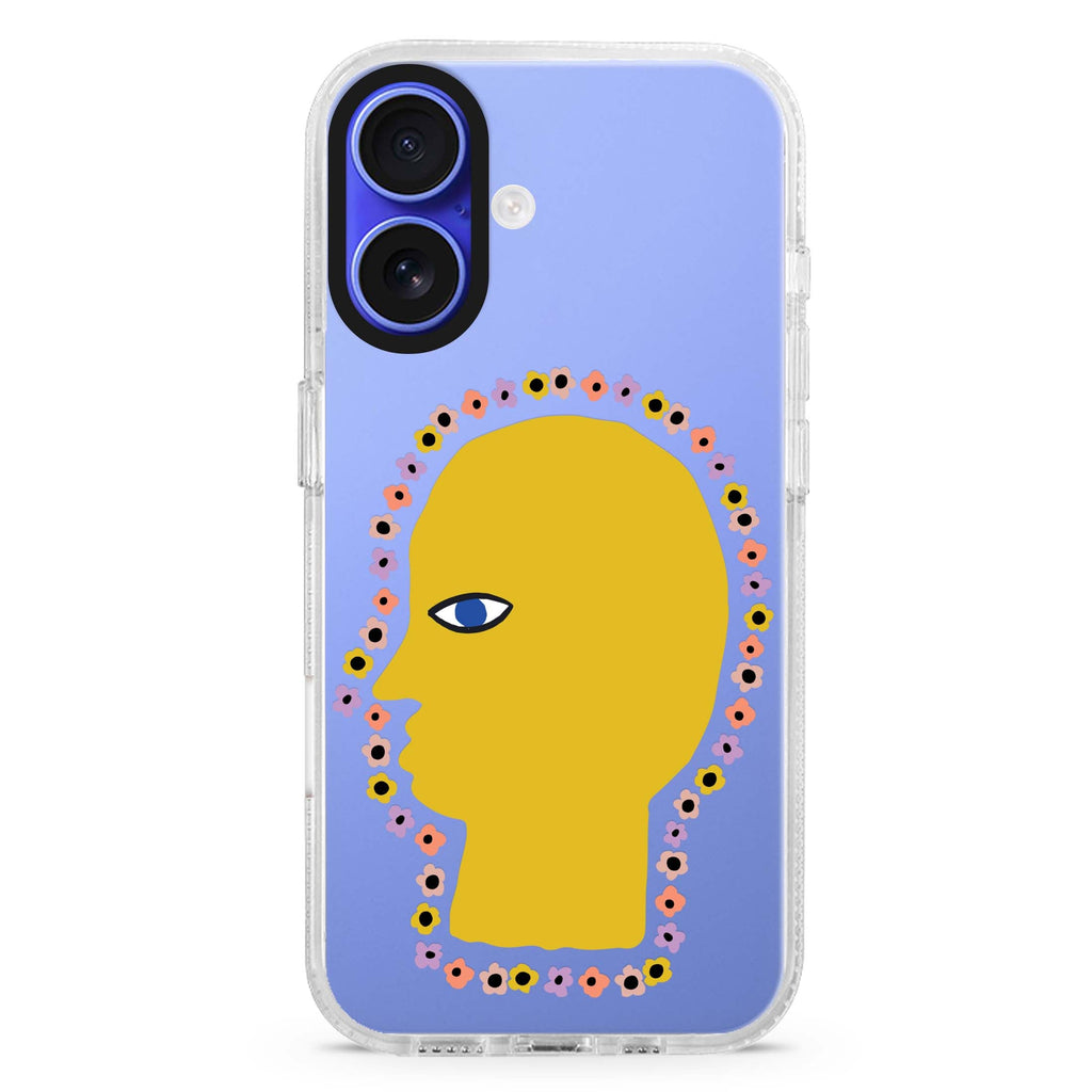 Floral Brain iPhone 16 and 16 Plus ultra clear case, transparent floral artwork, front product view
