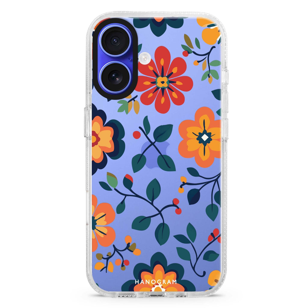 Petal Pop iPhone 16 and 16 Plus ultra clear case, transparent floral artwork, front product view