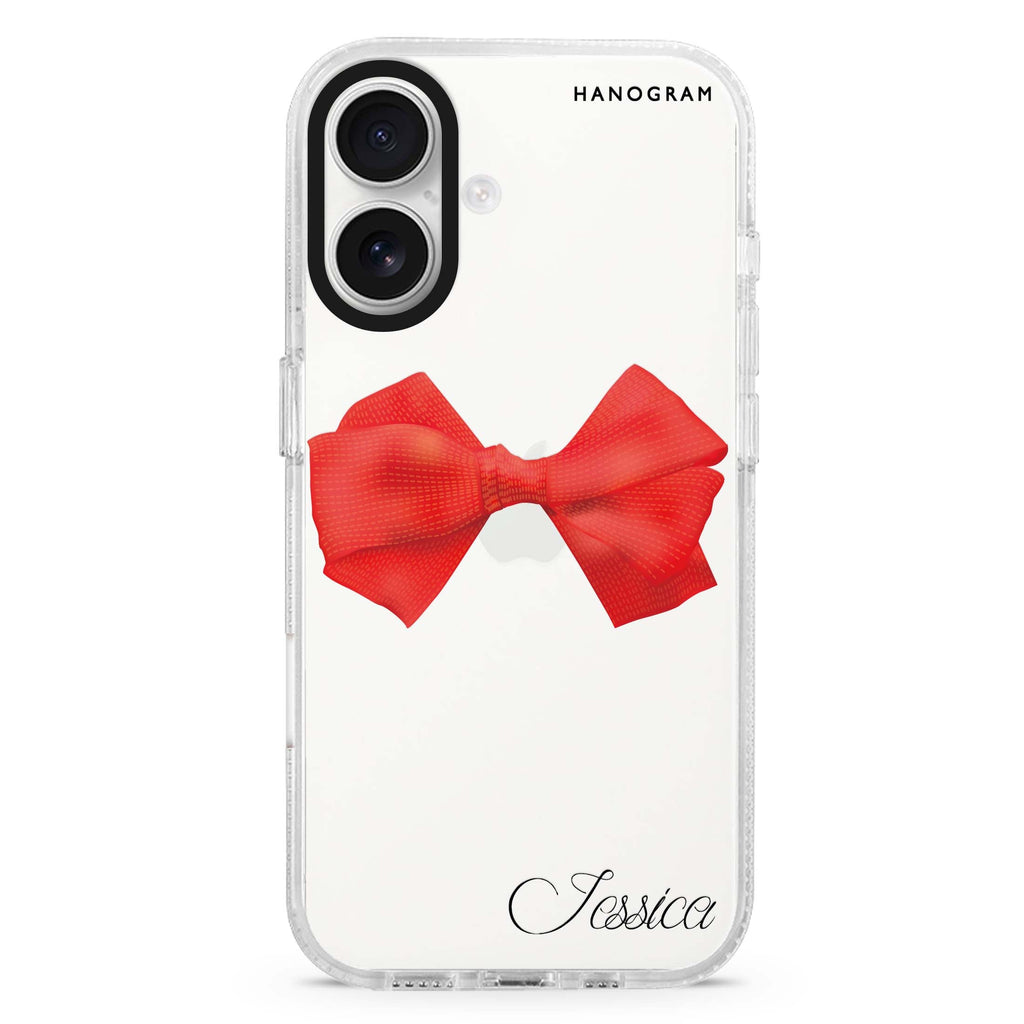 Red Bow custom name iPhone 16 and 16 Plus ultra clear case, transparent colorful artwork, front product view