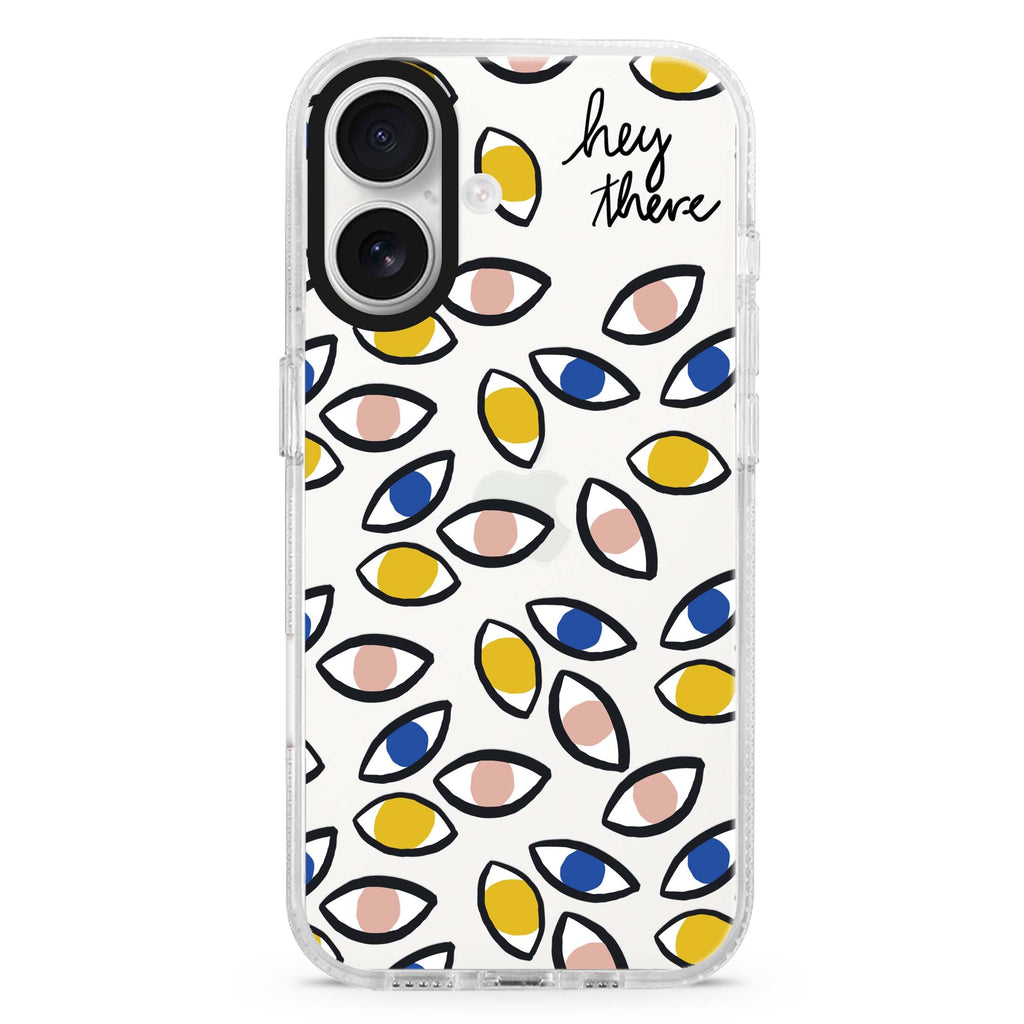 hey there iPhone 16 and 16 Plus ultra clear case, transparent graphic artwork, front product view