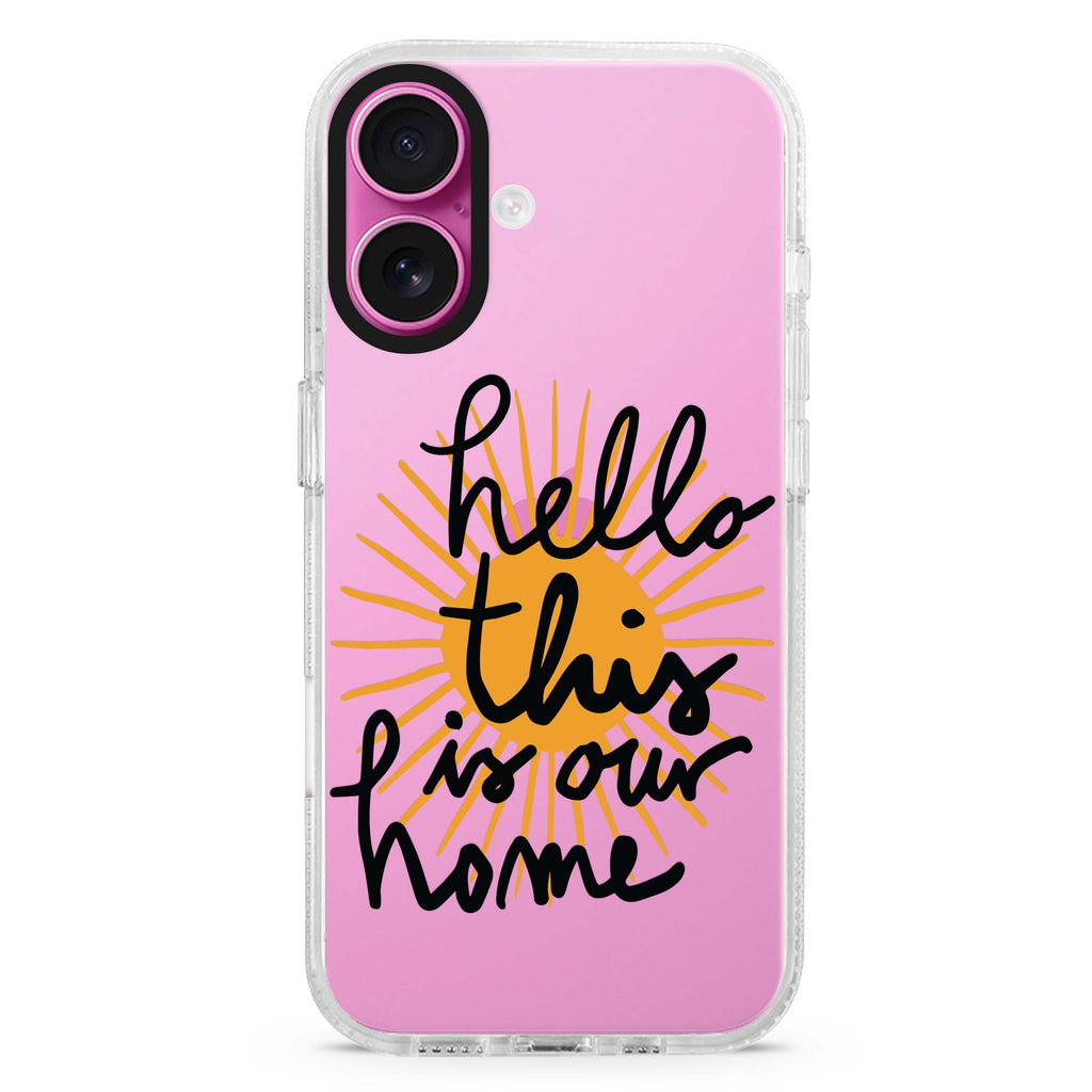 Hello! iPhone 16 and 16 Plus ultra clear case, transparent graphic artwork, front product view