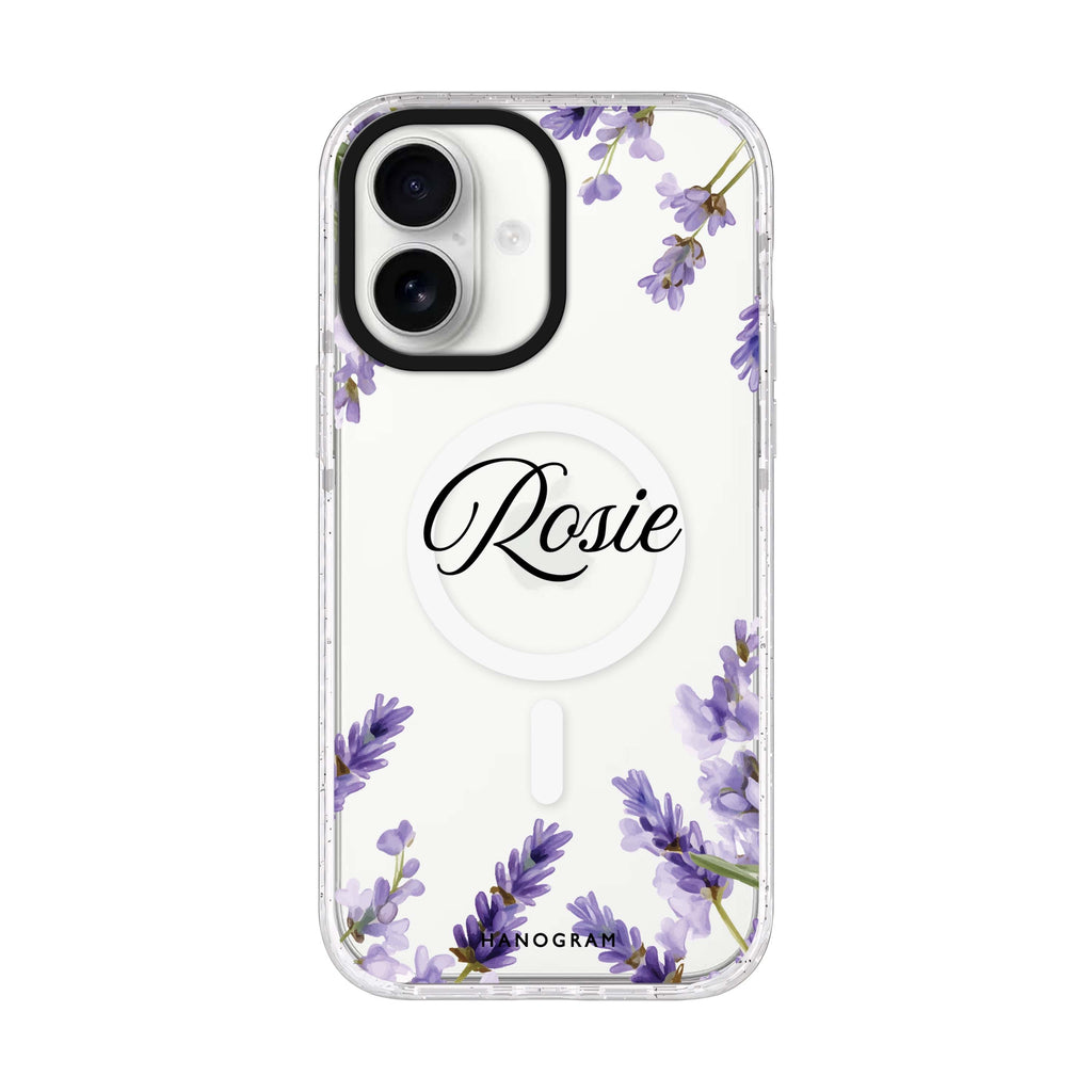Lavender Corners personalized name iPhone 17 ultra clear MagSafe case, front product view