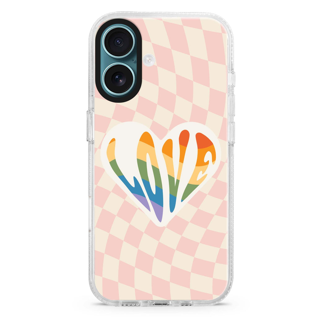Rainbow LOVE iPhone 16 and 16 Plus ultra clear case, transparent romantic artwork, front product view