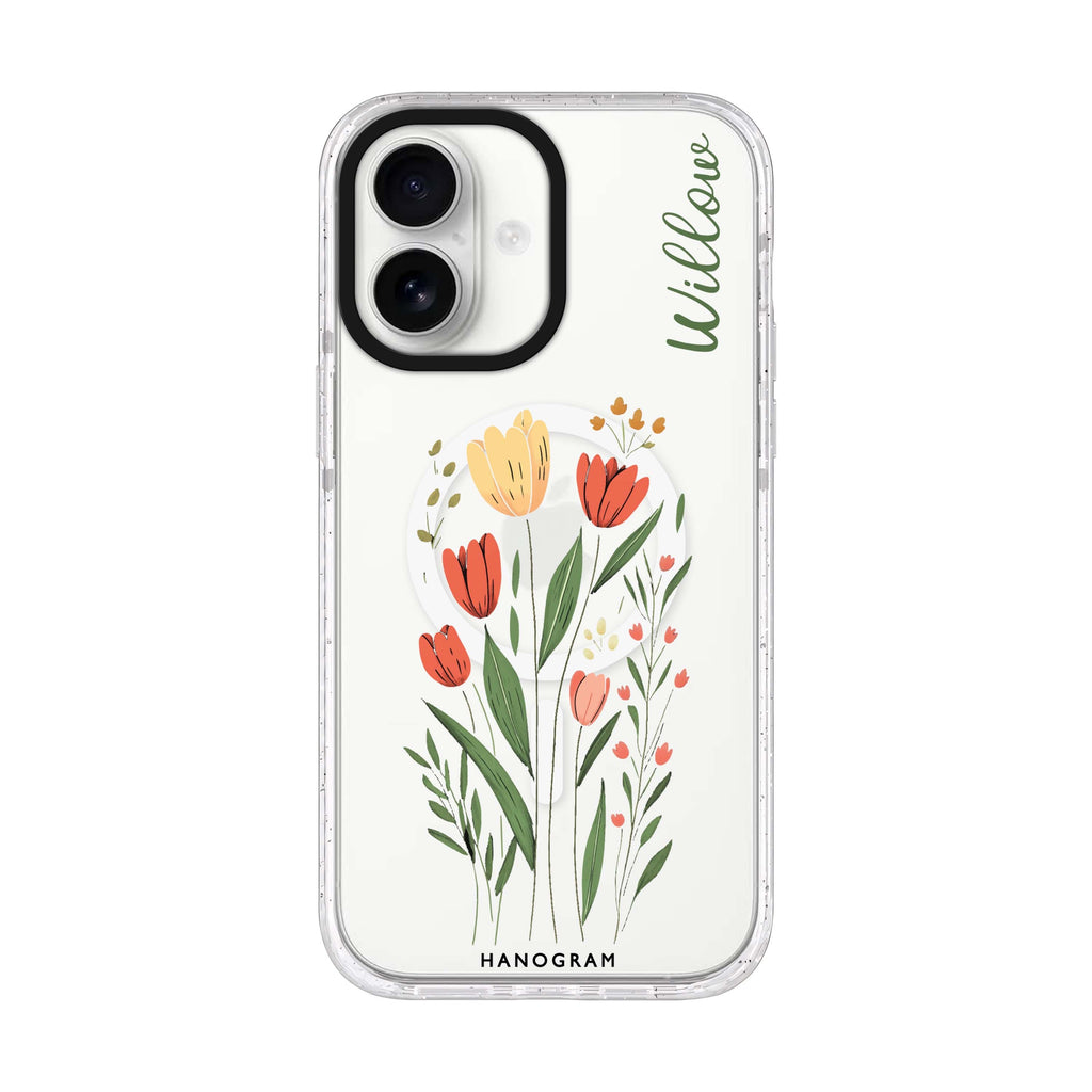 Tulip Cutouts personalized name iPhone 17 ultra clear MagSafe case, front product view
