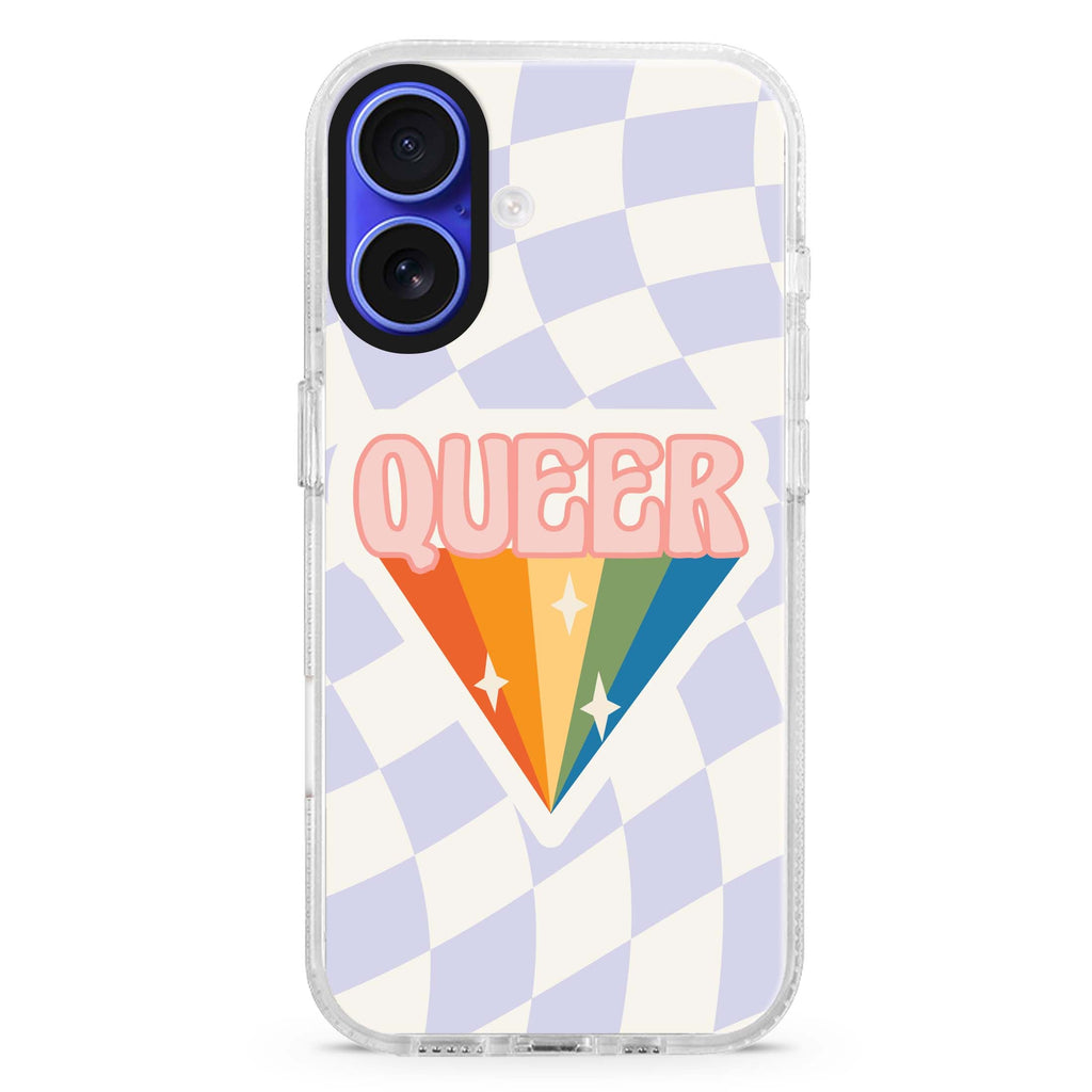 Queer iPhone 16 and 16 Plus ultra clear case, transparent graphic artwork, front product view
