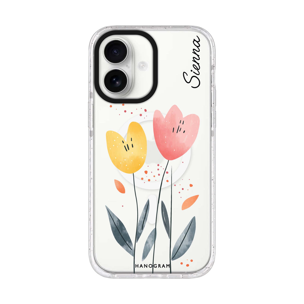Tulip Twins personalized name iPhone 17 ultra clear MagSafe case, front product view