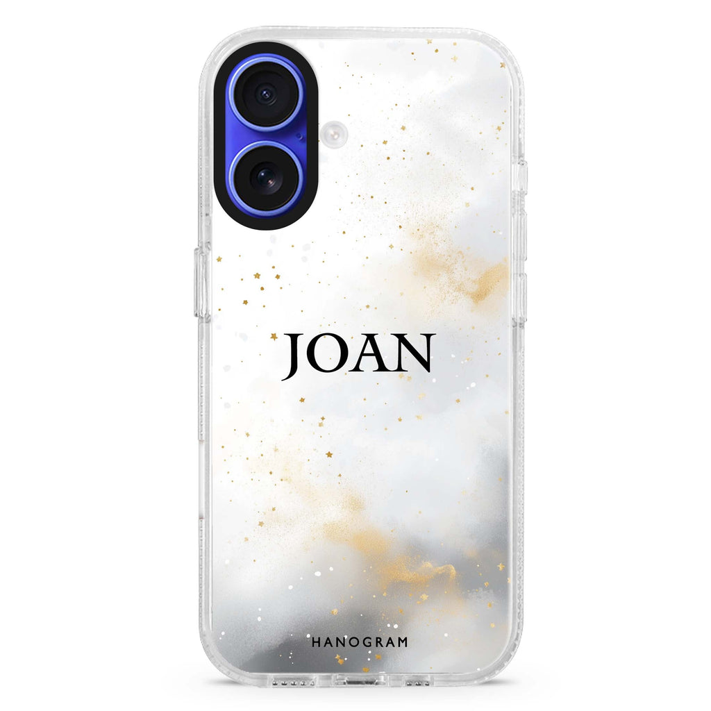 Starlight Haze custom name iPhone 16 and 16 Plus ultra clear case, transparent celestial artwork, front product view
