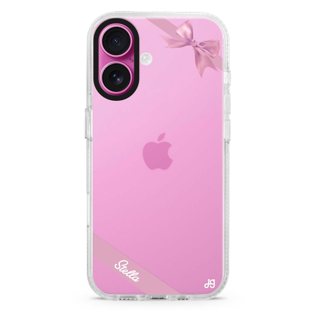 Pink Bow custom name iPhone 16 and 16 Plus ultra clear case, transparent colorful artwork, front product view