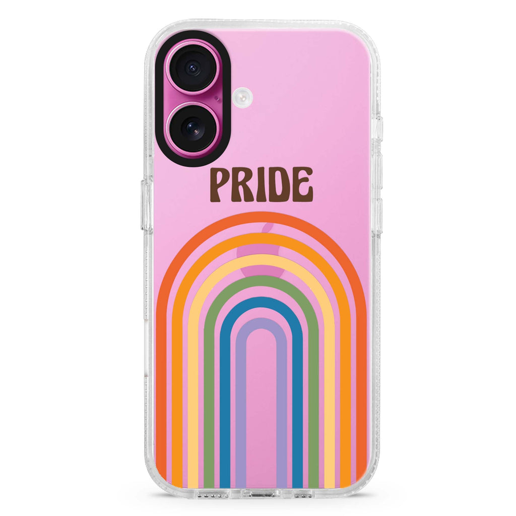 Rainbow Pride iPhone 16 and 16 Plus ultra clear case, transparent celestial artwork, front product view
