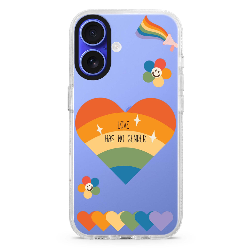Love Has no gender iPhone 16 and 16 Plus ultra clear case, transparent romantic artwork, front product view