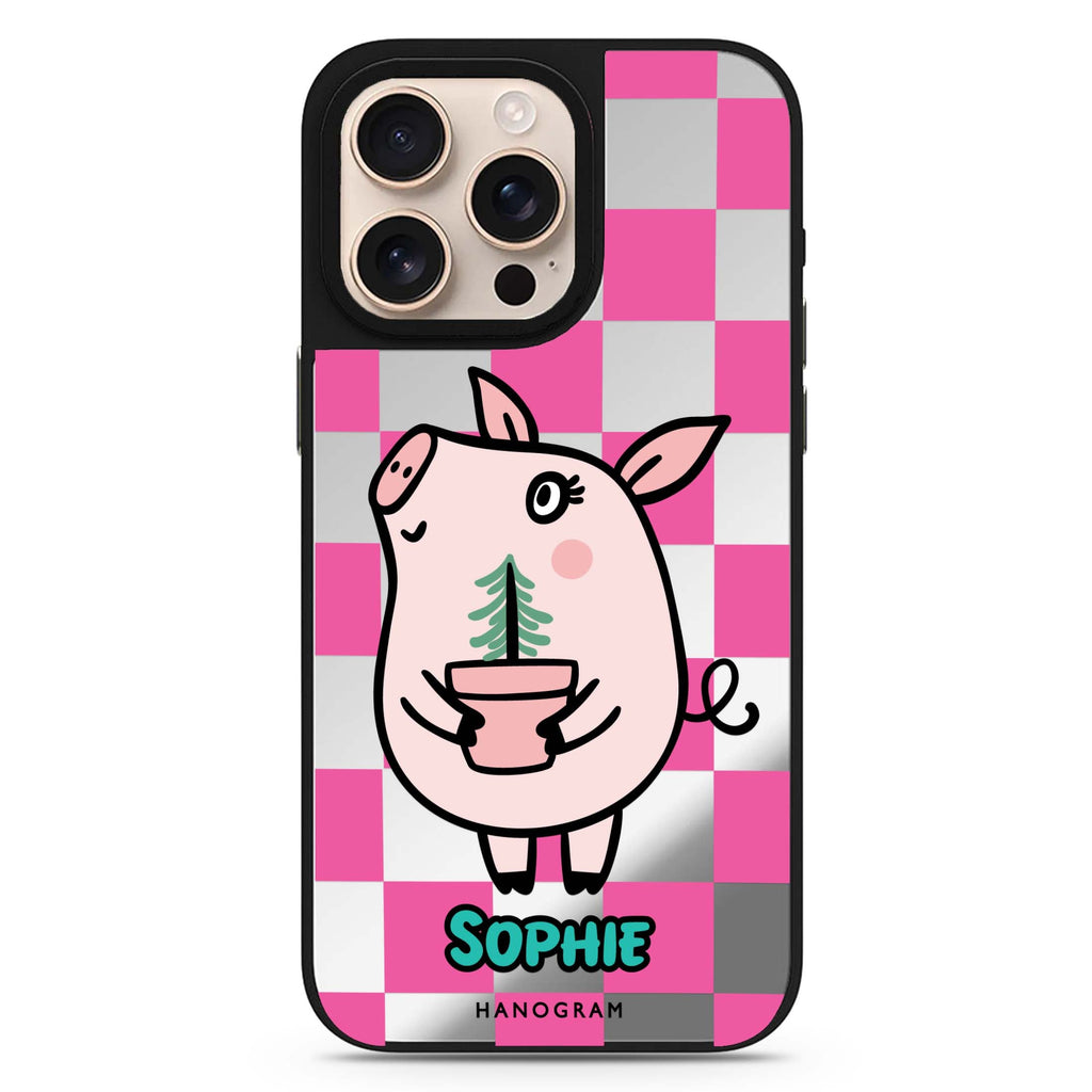 Lovely Pig personalized name animal design iPhone 16/15/14 Pro Max & Pro mirror case