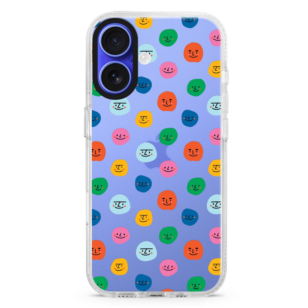 Make me smile iPhone 16 and 16 Plus ultra clear case, transparent graphic artwork, front product view