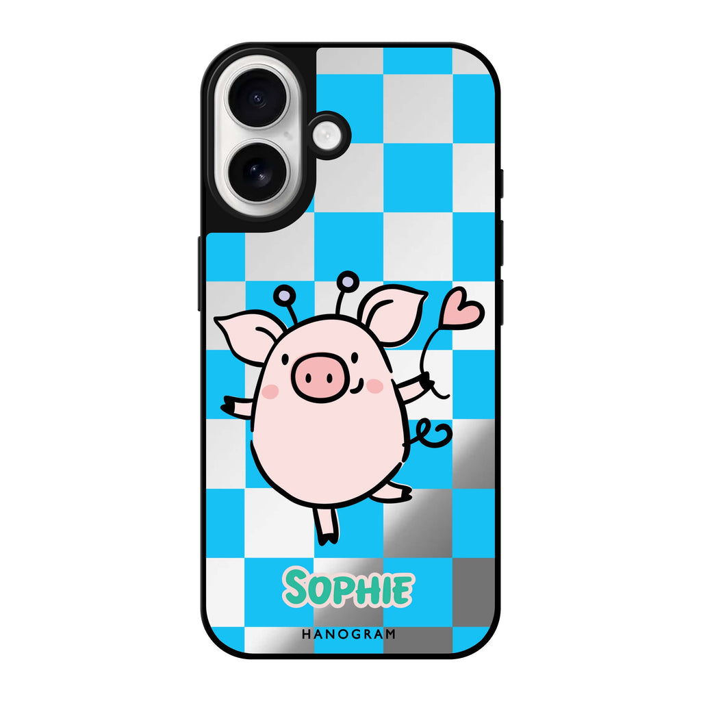 Reflective iPhone 16 Mirror Case –Happy Pig Design