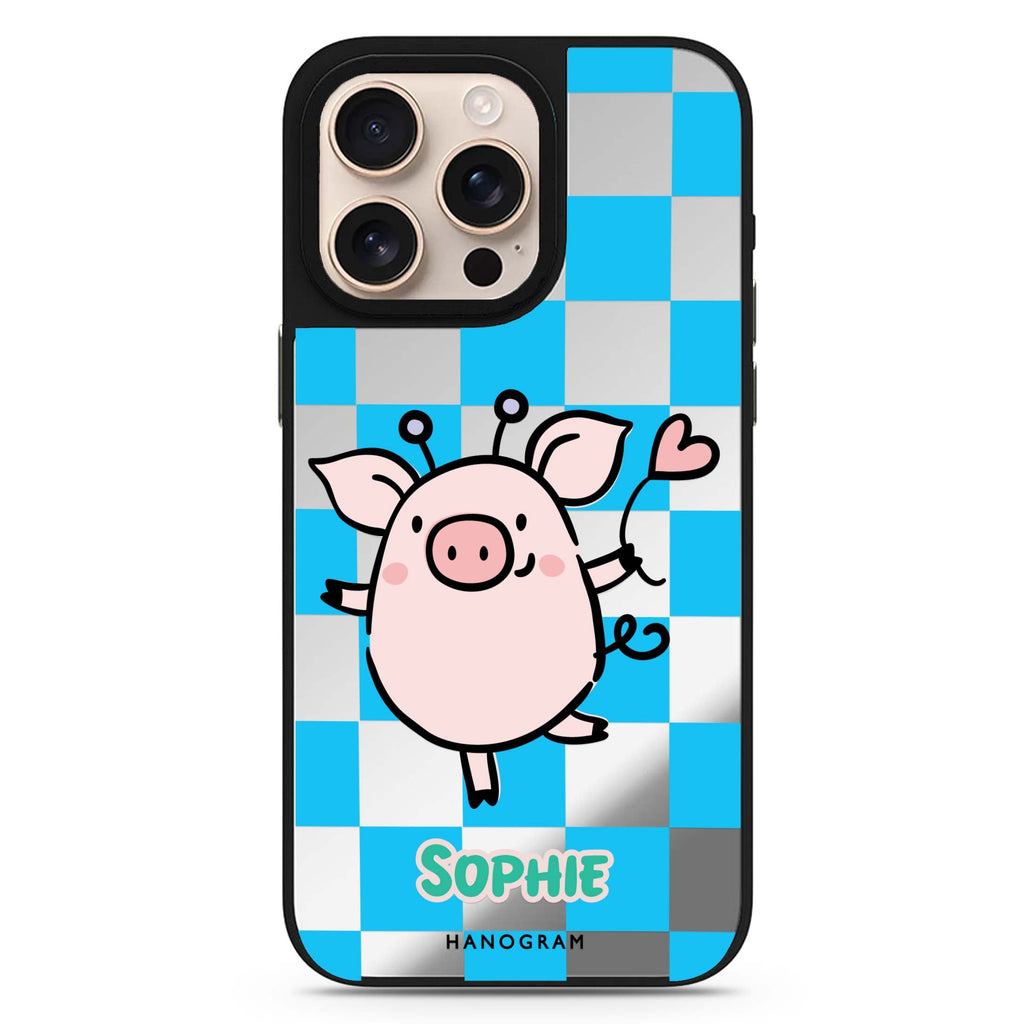 Happy Pig personalized name animal design iPhone 16/15/14 Pro Max & Pro mirror case