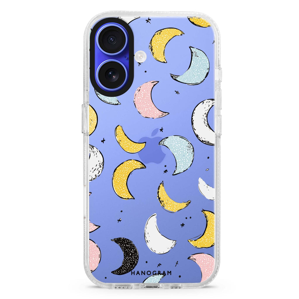 Dreamy Moon Doodles iPhone 16 and 16 Plus ultra clear case, transparent artistic artwork, front product view
