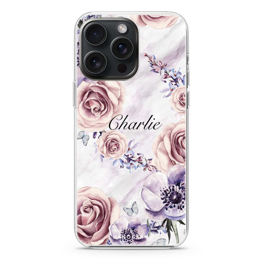 White Marble & Flower iPhone 15 Pro Max MagSafe Compatible Ultra Clear Case