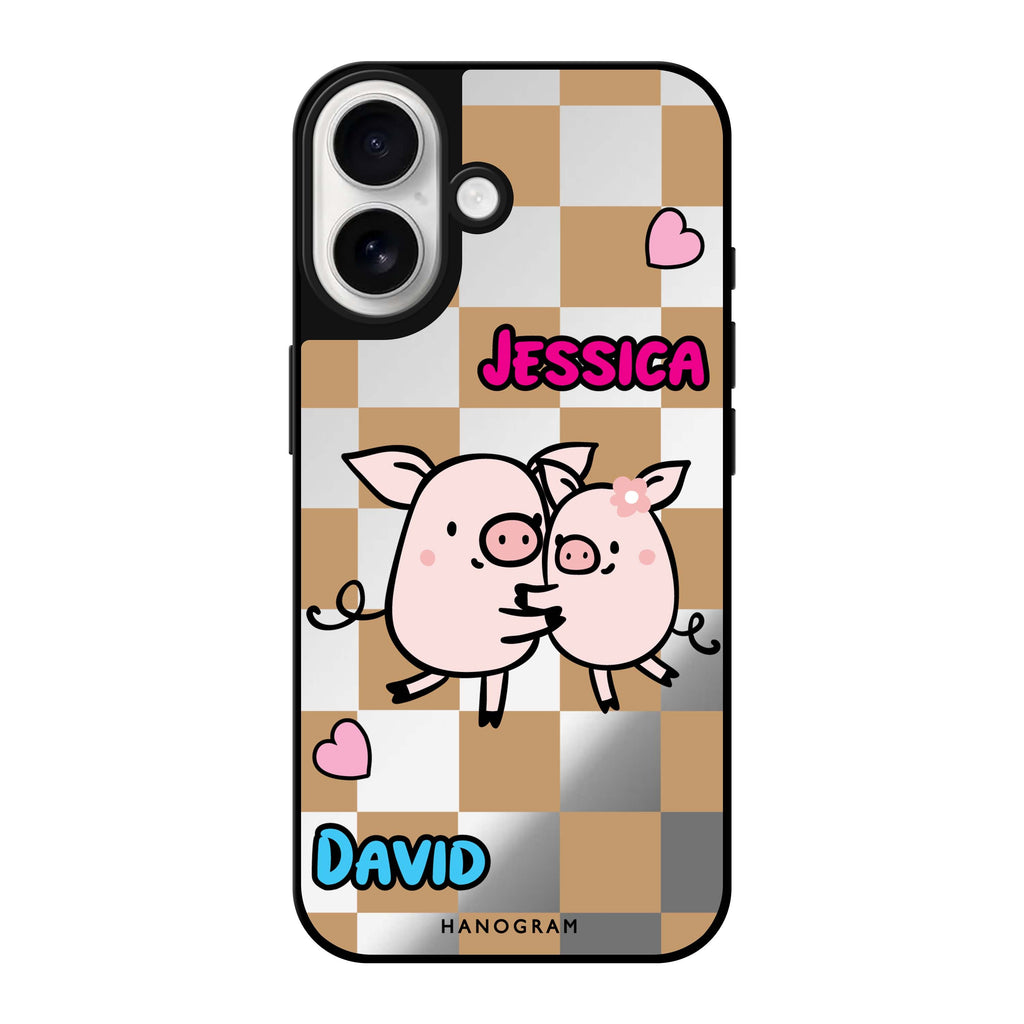 Reflective iPhone 16 Mirror Case –Love Pig Design