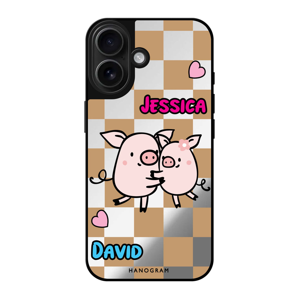 Reflective iPhone 16 Mirror Case –Love Pig Design