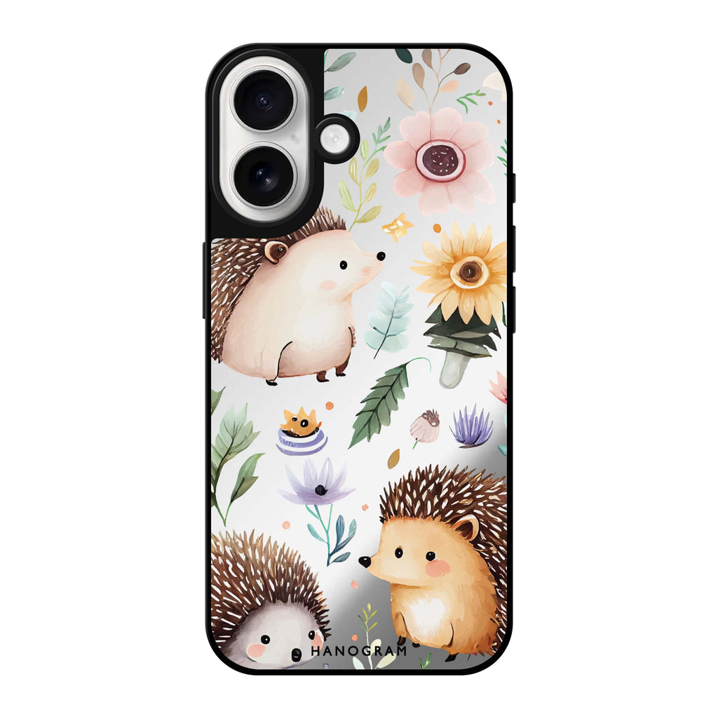 Reflective iPhone 16 Mirror Case –Hedgehog & Floral Design