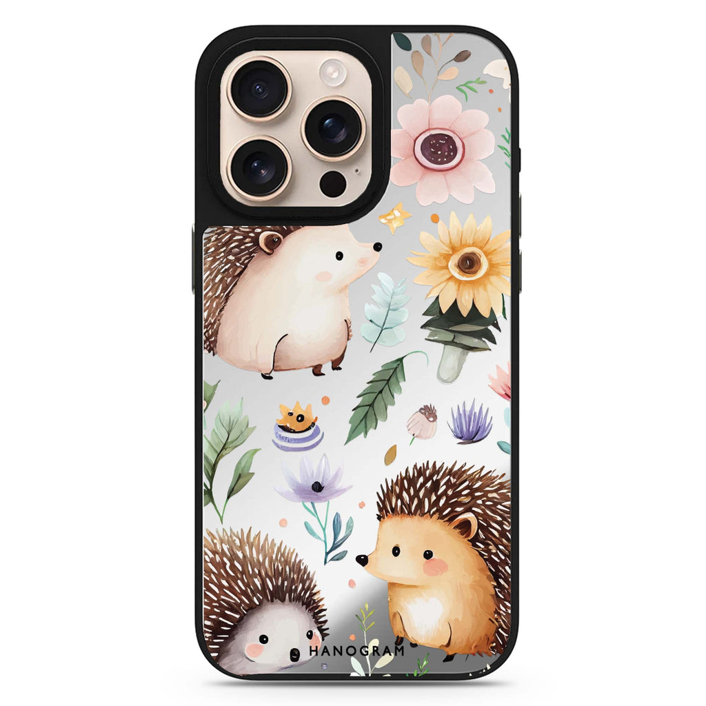 Hedgehog & Floral floral design iPhone 16/15/14 Pro Max & Pro mirror case