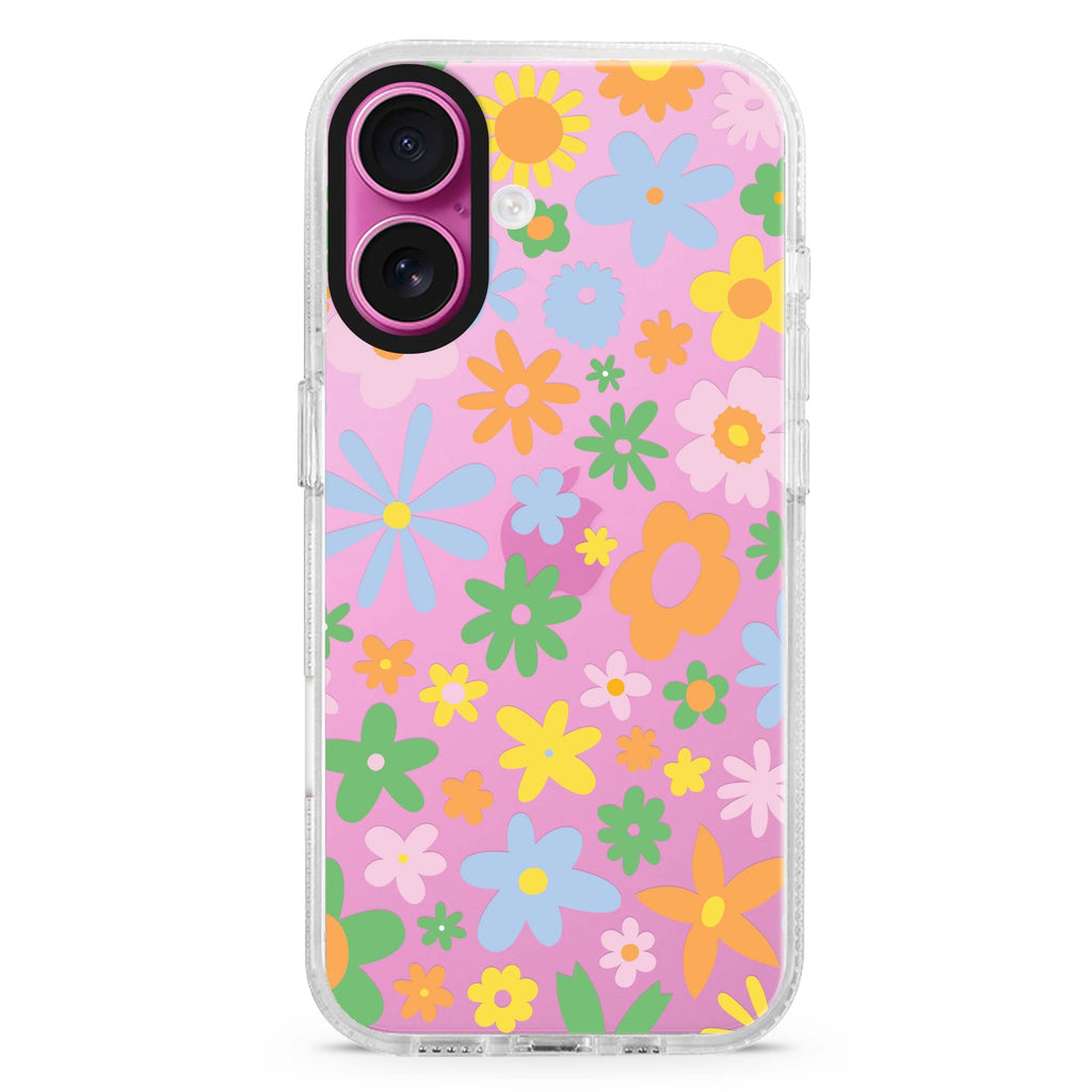 Flowers iPhone 16 and 16 Plus ultra clear case, transparent floral artwork, front product view