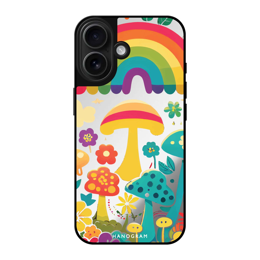 Reflective iPhone 16 Mirror Case –Rainbow Mushroom Garden Design