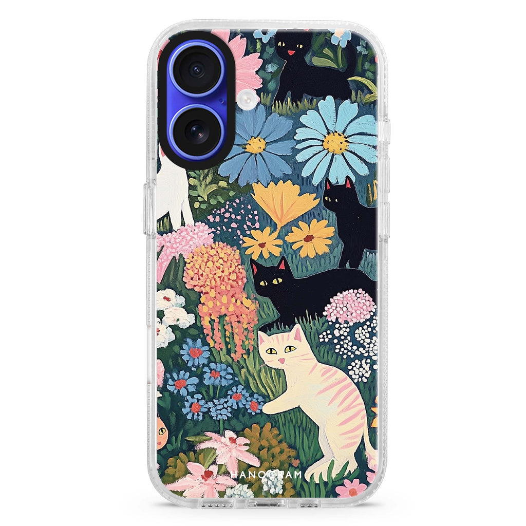 Garden Whimsy iPhone 16 and 16 Plus ultra clear case, transparent floral artwork, front product view