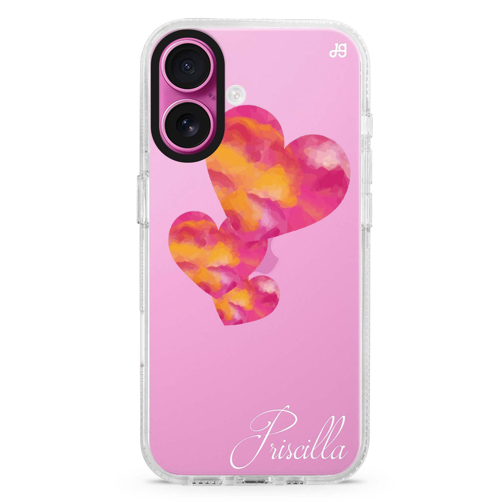 Red Hearts custom name iPhone 16 and 16 Plus ultra clear case, transparent artistic artwork, front product view
