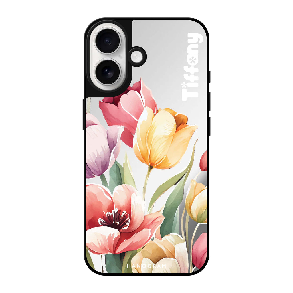 Reflective iPhone 16 Mirror Case –Watercolor tulip Design