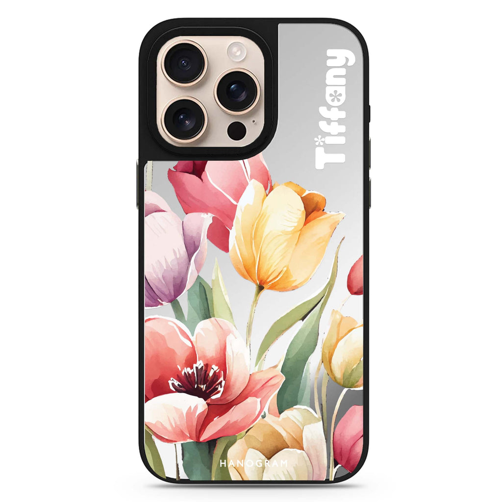 Watercolor Tulip personalized name floral design iPhone 16/15/14 Pro Max & Pro mirror case