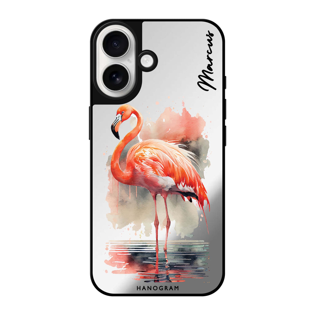 Reflective iPhone 16 Mirror Case –Flamingo in water Design