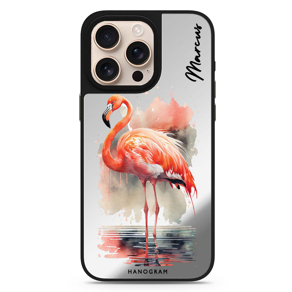 Flamingo in Water personalized name sleek reflective design iPhone 16/15/14 Pro Max & Pro mirror case