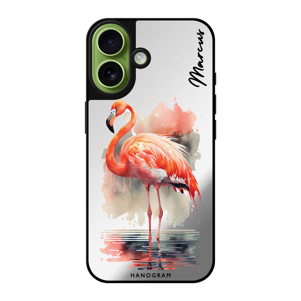 Reflective iPhone 16 Mirror Case –Flamingo in water Design