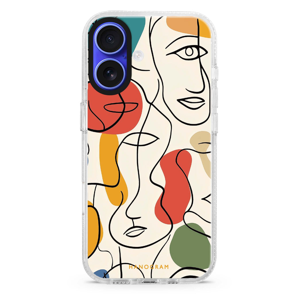 Faces of Joy iPhone 16 and 16 Plus ultra clear case, transparent graphic artwork, front product view