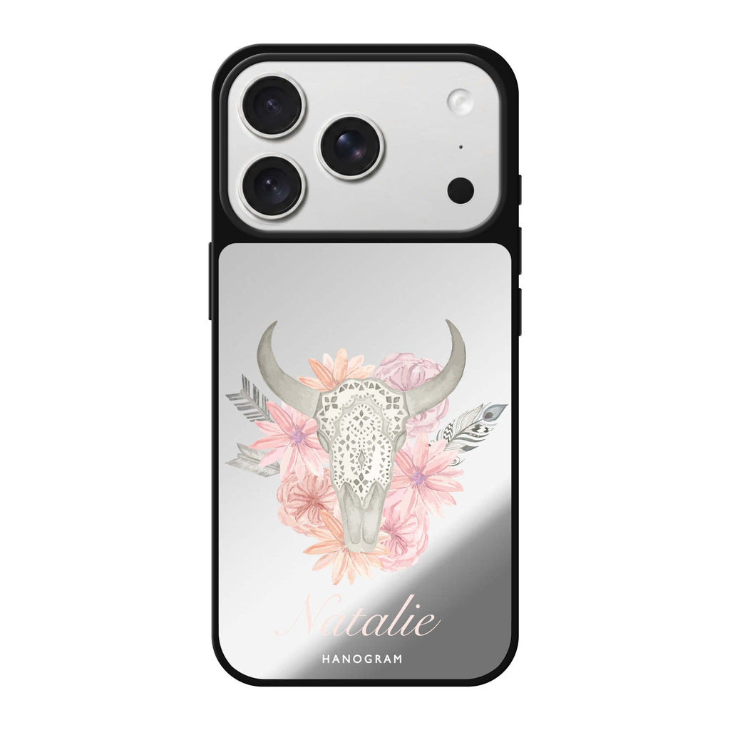 Skull Bull & Watercolor Flowers personalized name flower floral watercolor iPhone 18 Pro Max mirror case