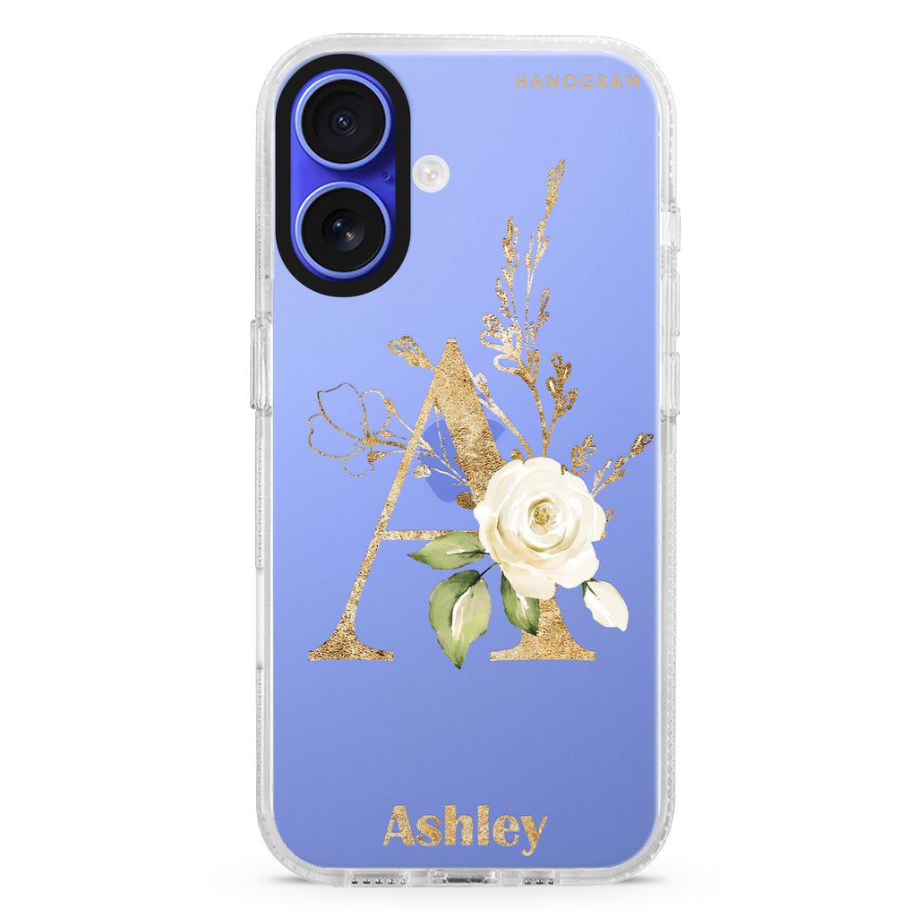 Golden Floral Letter iPhone 16 and 16 Plus ultra clear case, transparent floral artwork, front product view