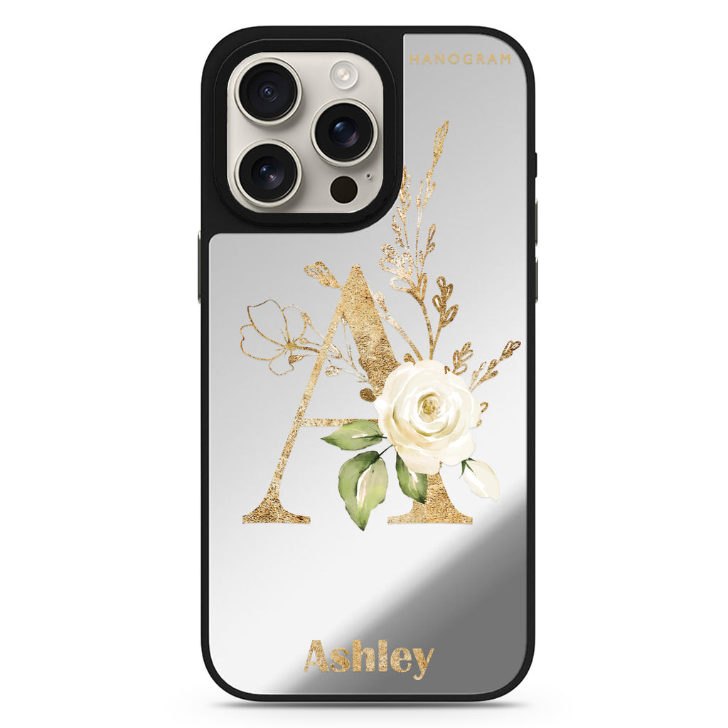 Golden Floral Monogram MagSafe compatible mirror case for iPhone 16/15/14 Pro Max and Pro, main view