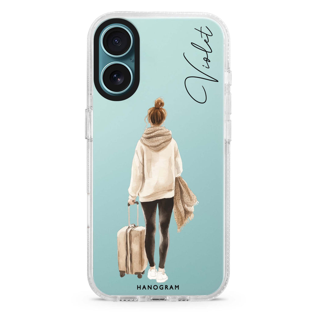 Weekend Stroll custom name iPhone 16 and 16 Plus ultra clear case, transparent graphic artwork, front product view