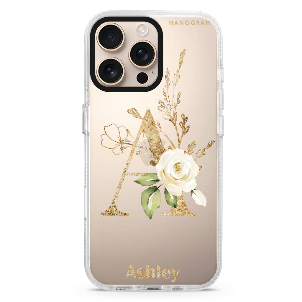 Golden Floral Monogram iPhone 16/15/14 Pro Max/Pro Clear Case Hanogram Golden Floral Monogram iPhone 16/15/14 Pro Max/Pro Clear Case Hanogram