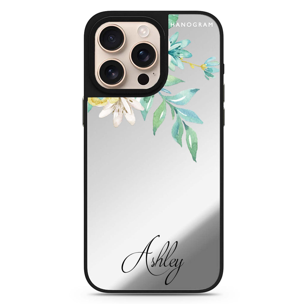 Watercolor Flowers personalized name floral design iPhone 16/15/14 Pro Max & Pro mirror case