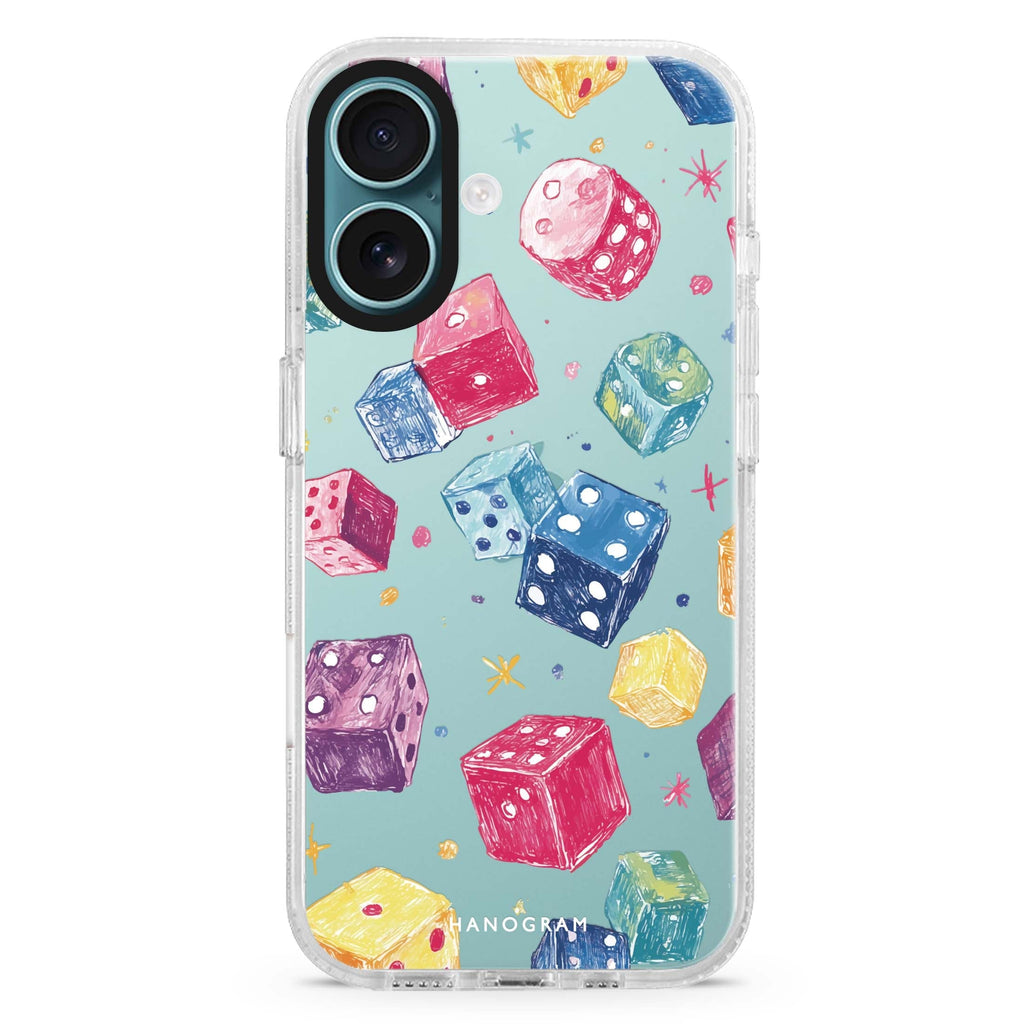 Lucky Scribbles iPhone 16 and 16 Plus ultra clear case, transparent graphic artwork, front product view