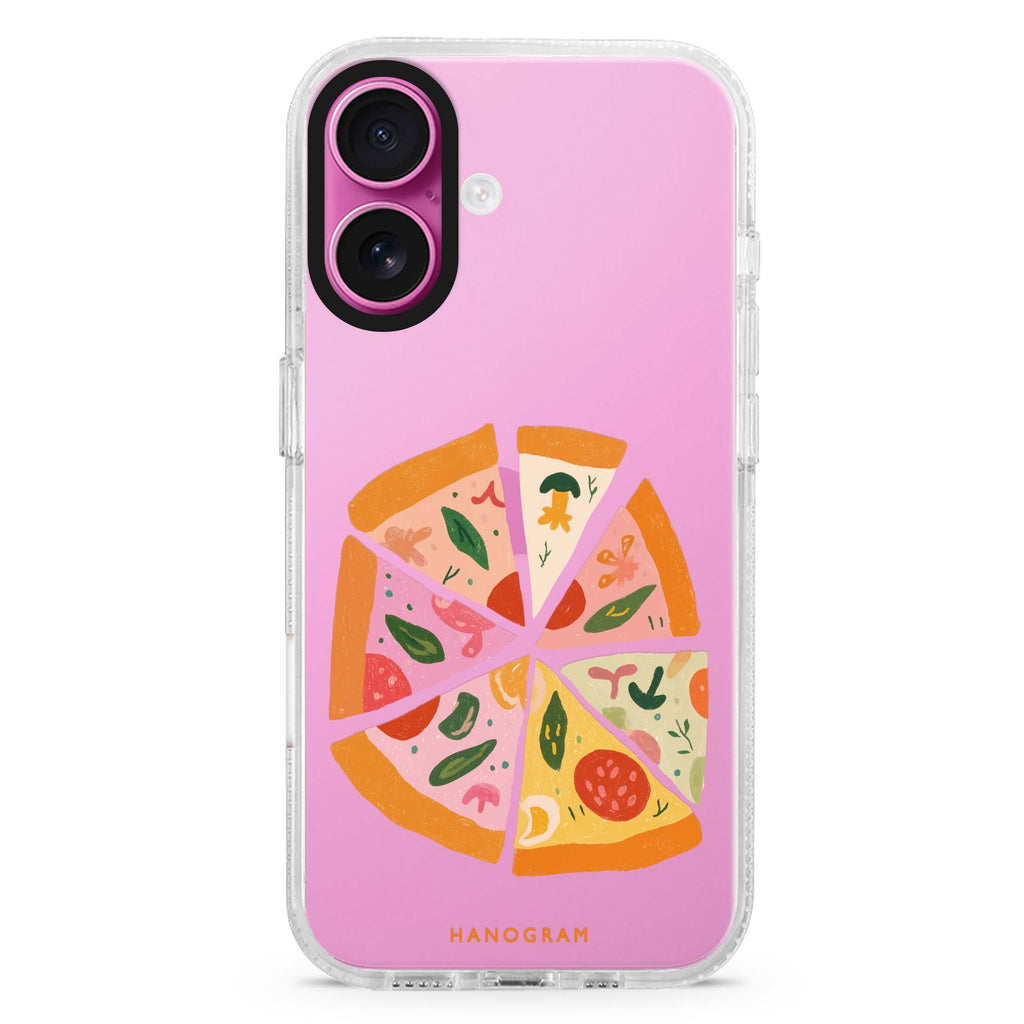 Pastel Pizza Dream iPhone 16 and 16 Plus ultra clear case, transparent celestial artwork, front product view