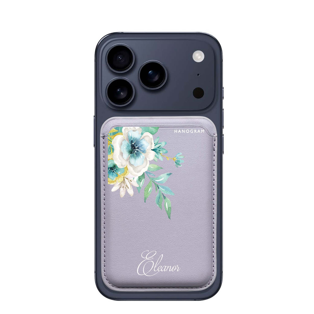 Watercolor Flowers custom name MagSafe wallet for iPhone, personalized magnetic card holder, main view