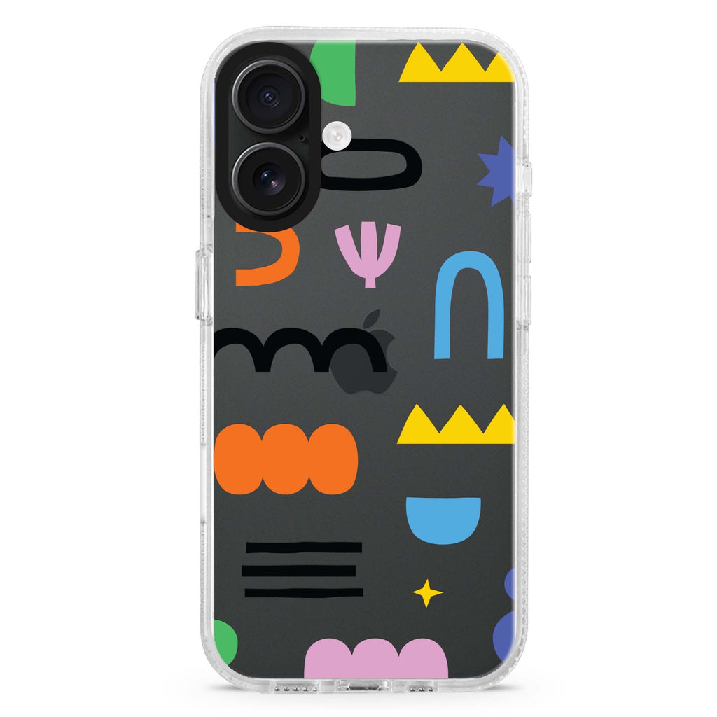Abstract Doodles Pattern iPhone 16 and 16 Plus ultra clear case, transparent artistic artwork, front product view
