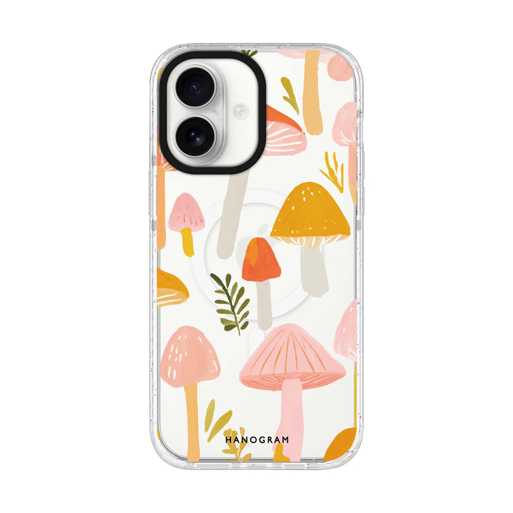 Blushing Mushrooms iPhone 17 ultra clear MagSafe case, front product view